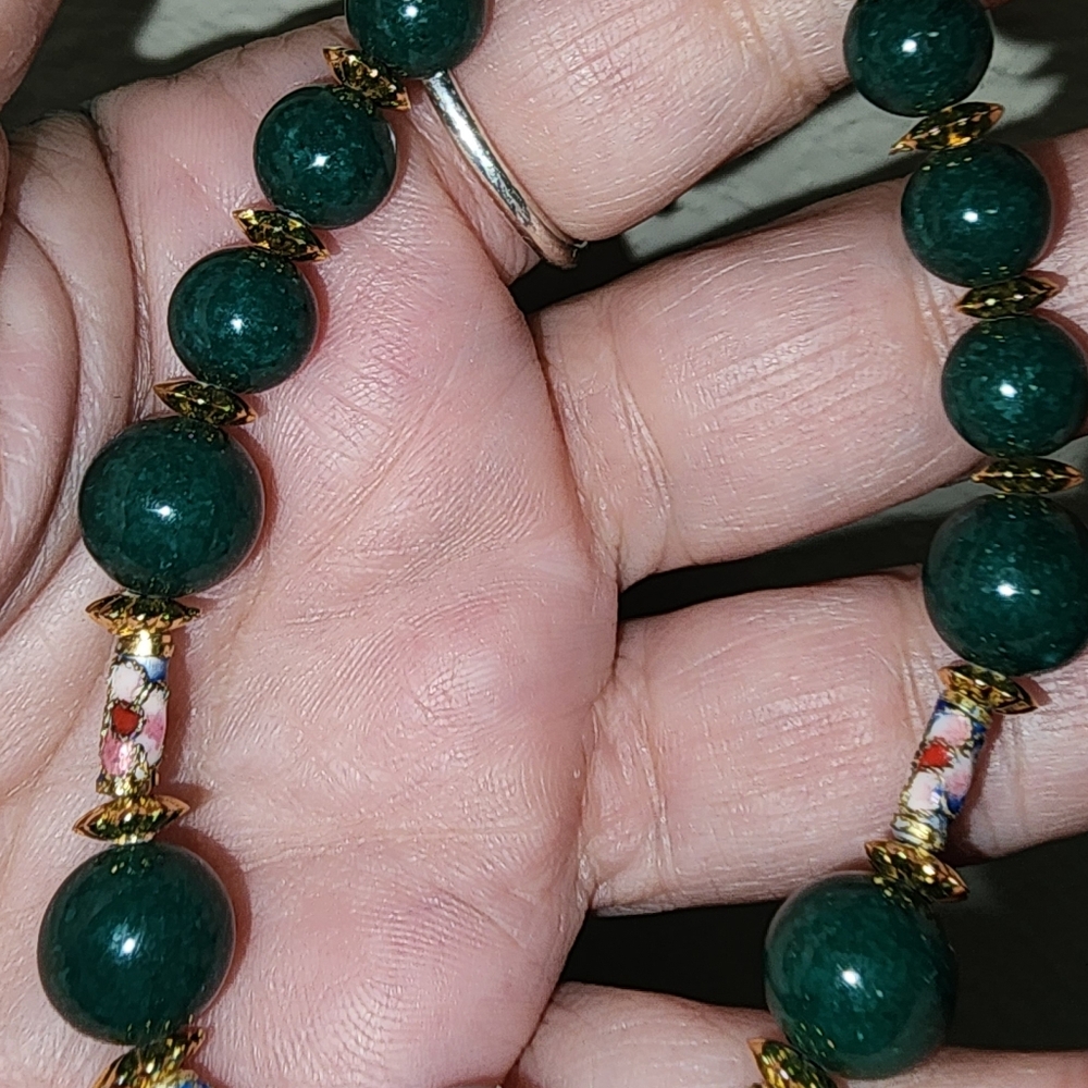 Nephrite and Cloisonne Goldtone Beaded Bracelet - Picture 6 of 11
